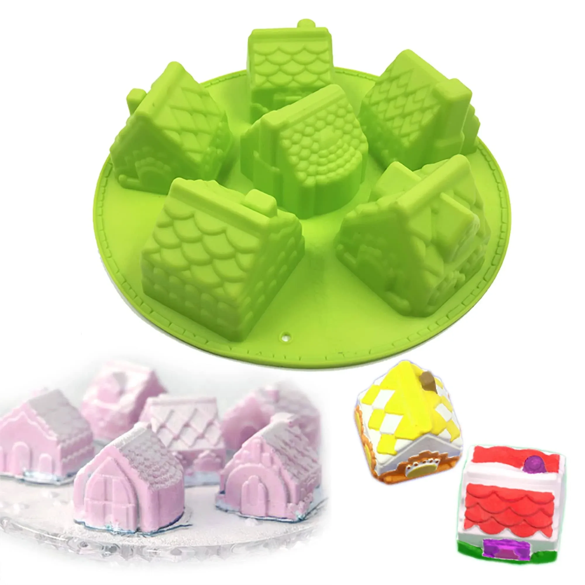 X-Haibei 3D Big Houses Cake Soap Christmas Gift Gingerbread Houses Silicone Mold 4oz per cell, Dia. 2.5inch