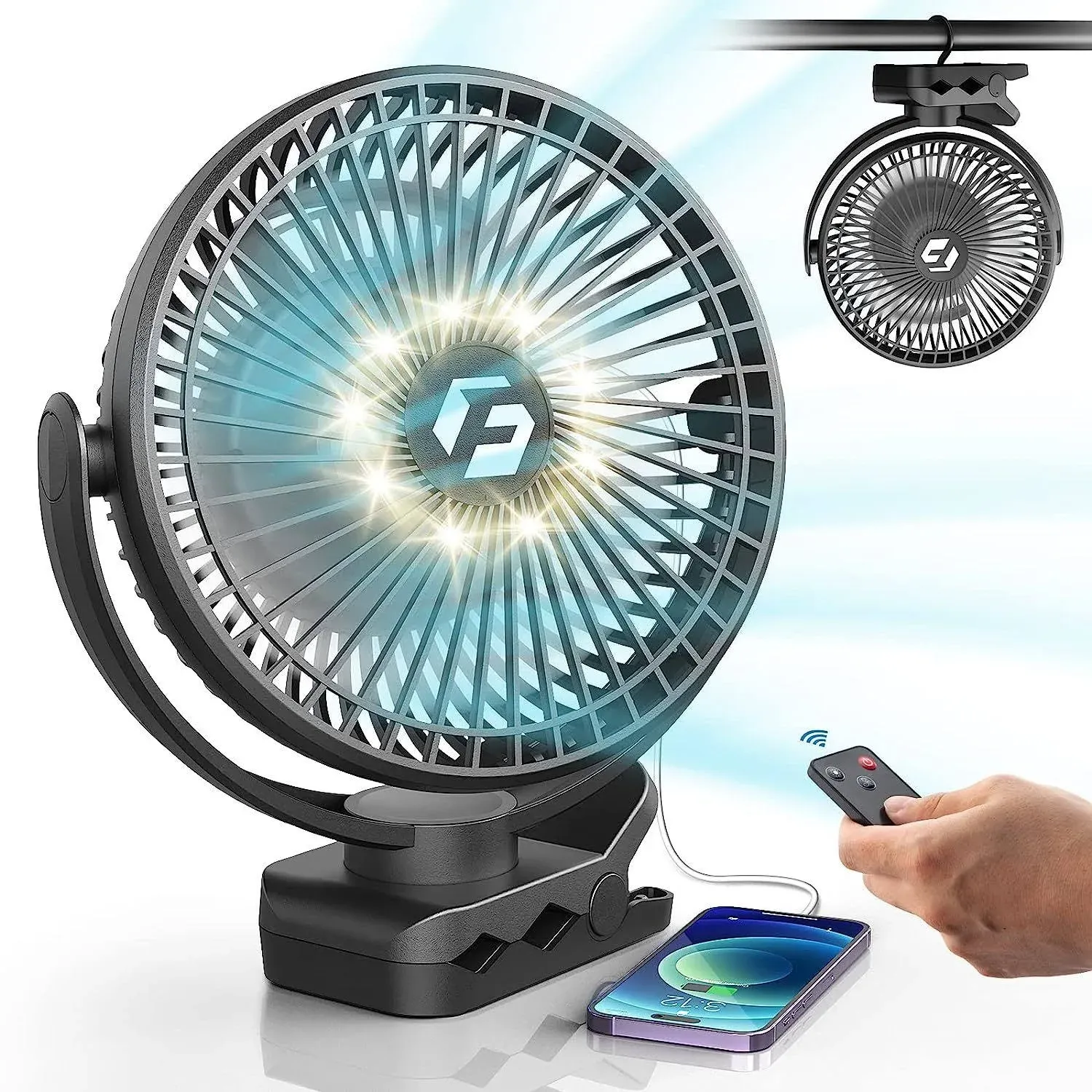 8-Inch Clip on Fan - 12000mAh Portable Fan Battery Rechargeable with 3 Speeds An