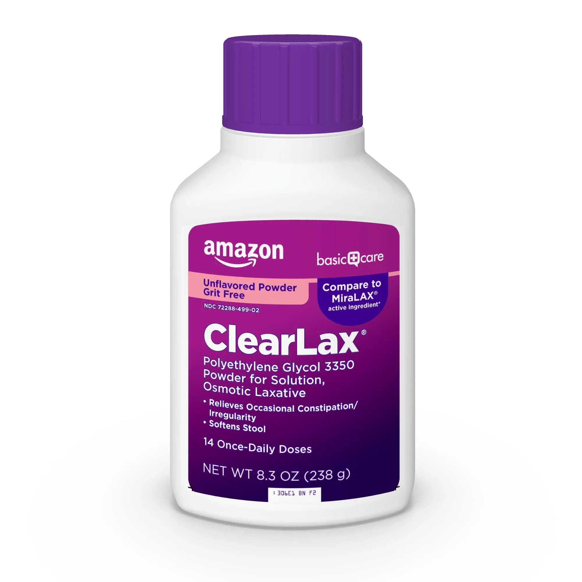 Amazon Basic Care ClearLax, Polyethylene Glycol 3350 Powder for Solution, Osmotic Laxative, Unflavored, 1.11 Pound (Pack of 1)