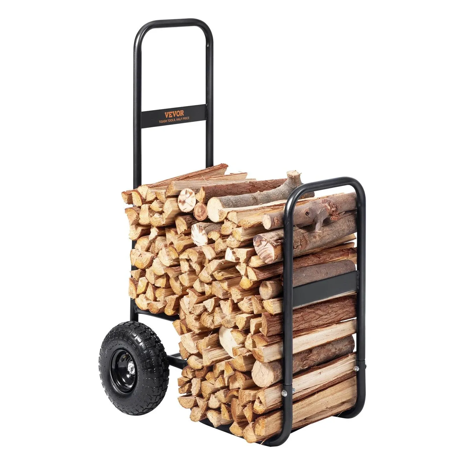 VEVOR Firewood Log Cart, 250 lbs Load Capacity, Outdoor and Indoor Wood Rack Storage Mover with Pneumatic Rubber Wheels, Heavy Duty Steel Dolly