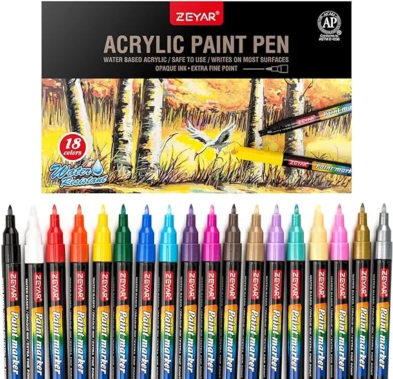 ZEYAR Premium Acrylic Paint Pen, Water Based, Extra Fine Point, Nylon Tip,18 Colors, Odorless, Acid Free and Safe, Opaque