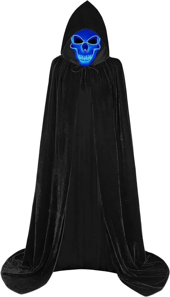 Halloween Scary Costume Adult Velvet Hooded Cloak with Led Light Up Mask Vampire Grim Reaper Robe Cape Cosplay