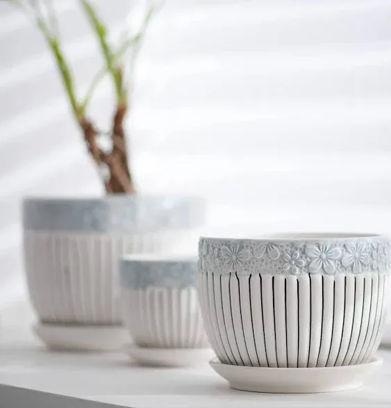 Ton Sin Grey Flower Pots,Texture Planter for Indoor Plants Set of 3 Ceramic ...