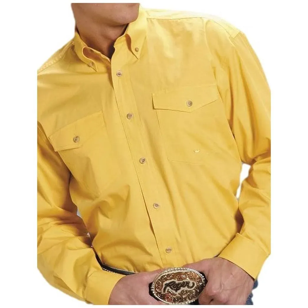 Roper Mens Yellow 100% Cotton L/S Button Down Solid Poplin Western Shirt