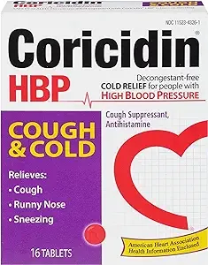 Coricidin HBP Antihistamine Cough & Cold Suppressant Tablets for People with High Blood Pressure, 16-Count Boxes (Pack of 3)