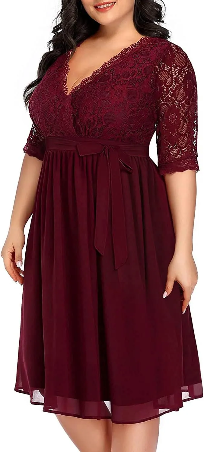 Pinup Fashion Plus Size Lace Chiffon Wrap V Neck Dresses Women Cocktail Wedding Guest Midi Dress