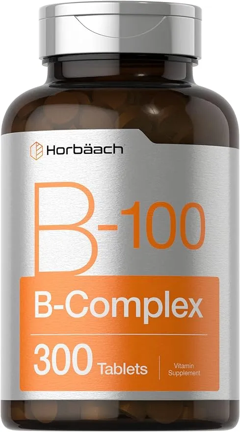 Horbäach Vitamin B-100 Complex | 100% of Daily Value | 300 Tablets | Vegetarian, Non-GMO, and Gluten Free Supplement