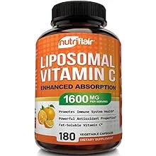 NutriFlair Liposomal Vitamin C 1600mg, 180 Capsules - High Absorption, Fat Soluble VIT C, Antioxidant Supplement, Higher Bioavailability Immune System Support & Collagen Booster, Non-GMO, Vegan Pills