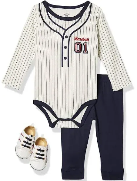 Little Treasure Cotton Bodysuit, Pant and Shoe Set Baseball / 0-3 Months