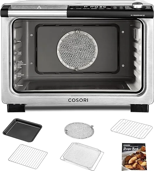 COSORI 11-in-1 Friggitrice ad aria in ceramica Tostapane Combo, elementi riscaldanti a tenuta piatta per una facile pulizia, funzione bruciatore innovativa, 5 accessori e ricette, 26QT, argento, acciaio inossidabile