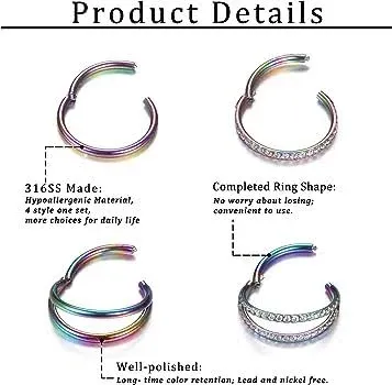 Dochais 4PCS 18G Nose Rings Hoops, Surgical Steel Earrings Tragus Septum Piercing CZ Clicker Septum Ring Hinged Segment Septum Conch Lip Cartilage Double Hoops 8mm 10mm For Women Men