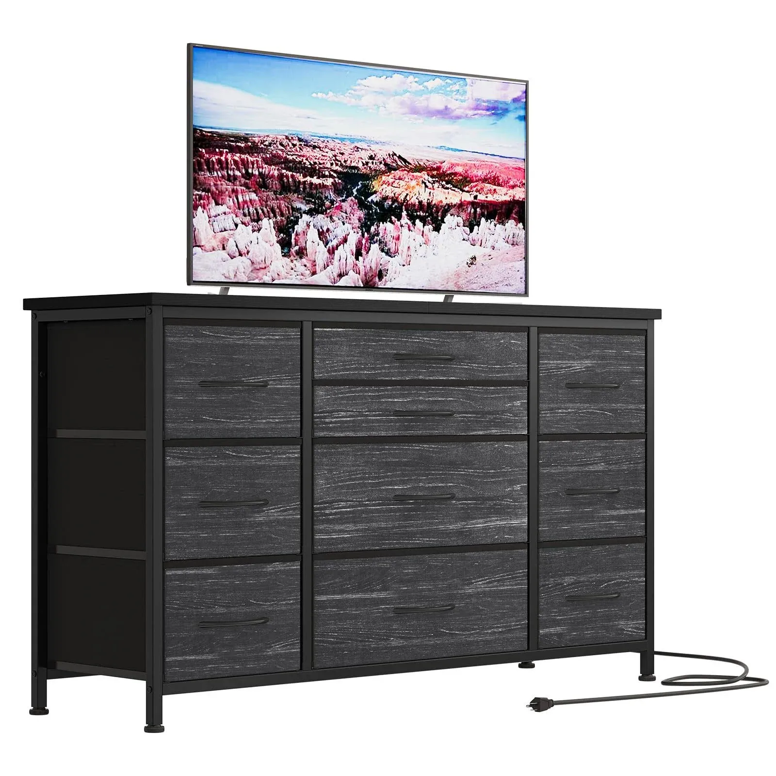 Jojoka Wide Dresser with 10 Large Drawers for 55'' Long TV Stand with Power Outlet Entertainment Center, Storage Fabric Drawer Unit for Bedroom, Closet, Entryway, Sturdy Metal Frame, Black Willow