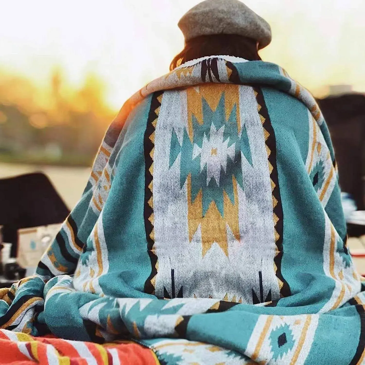 THROW BLANKET Aztec Southwestern Navajo Tribal Teal 50&#034;x60&#034; HORIMOTE HOME