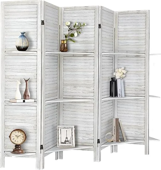 RHF Panel 5.6 Ft Tall Partition Wood Room Divider, Wood Folding Room Divider Screens, Panel Divider&Room Dividers, Room Dividers and Folding Privacy Screens with Shelves (Coconut, 5 Panel)