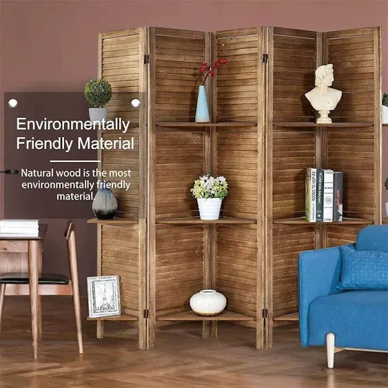 Room Divider 5 Panel Folding Wood Privacy Screens With Shelves