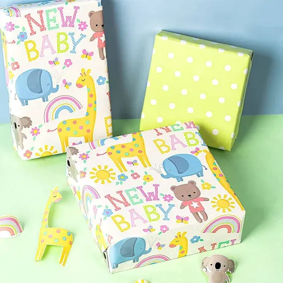 WRAPAHOLIC Reversible Baby Shower Wrapping Paper - Mini Roll - 17 Inch X 33 Feet