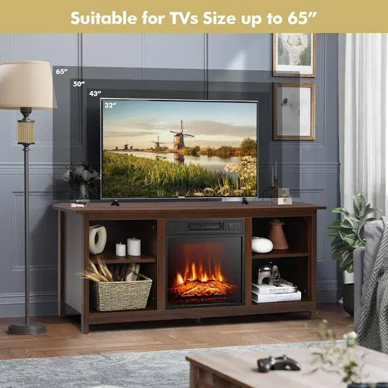 Tangkula Fireplace TV Stand for TVs up to 65 Inches, with 18 Inches 1400W 5,000 BTU Electric Fireplace Insert, Adjustable Flame Brightness & Heat, Timer and Remote Control (Black)