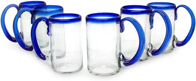 NOVICA Artisan Crafted Clear Blue Hand Blown Recycled Glass Beer Mugs Glasses, 16 Oz. 'Cobalt Beer' (Set Of 6)