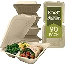 Compostable Clamshell Togo Containers 90 Pack 8x8 Inch 3 Compartment Disposabl