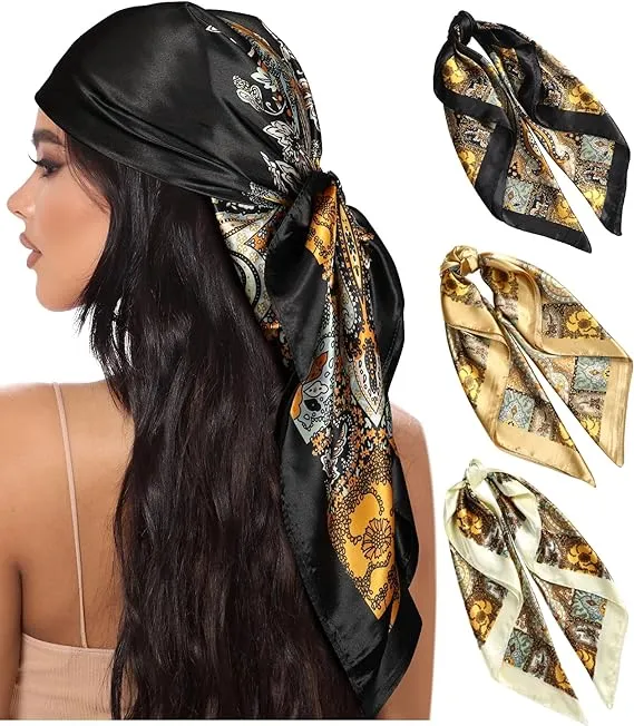 AWAYTR 35” Large Square Satin Head Scarf - 3Pcs Satin Hair Scarves Silk Bandana Scarf Headscarf Silk Feeling Scarf for Women