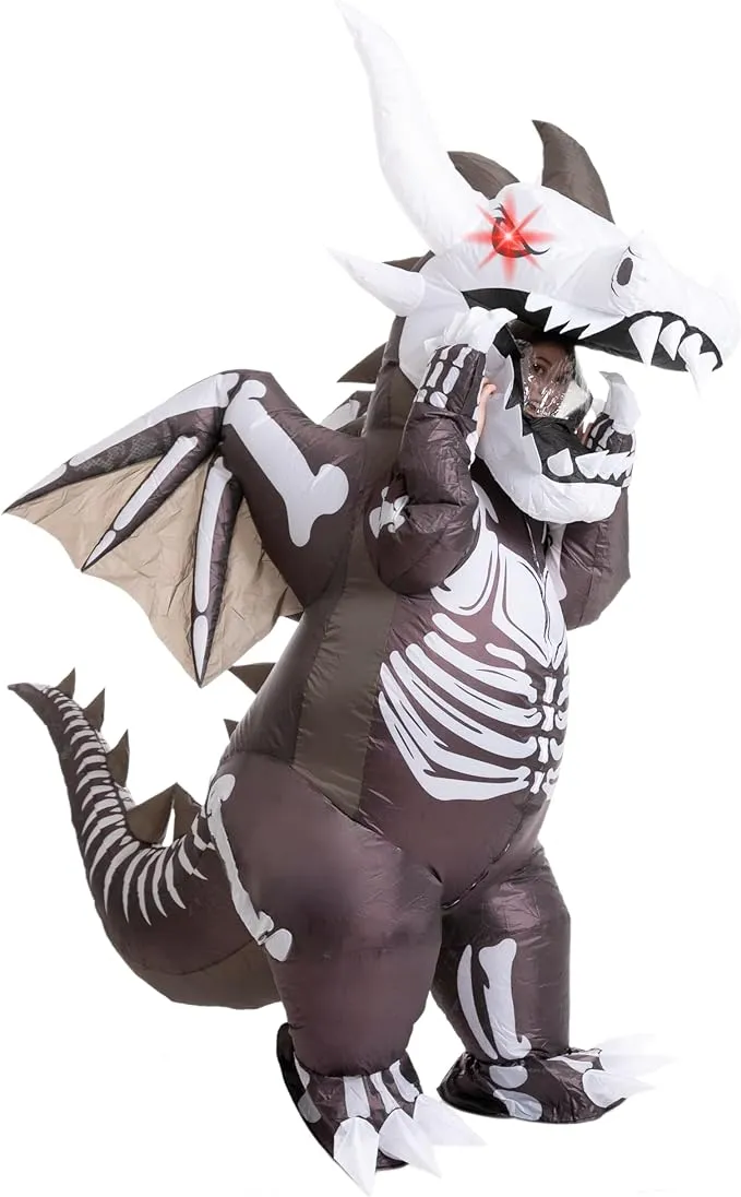 Spooktacular Creations Inflatable Costume for Adult, Dragon Skeleton Air Blow Up Costume, Full Body Costume with 3D Horns Wings for Halloween Costume Parties