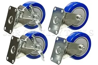 Set Of 4 Pcs Polyurethane 4&#034; Swivel 2 Wheel Brake Heavy Duty Blue Caster Steel C