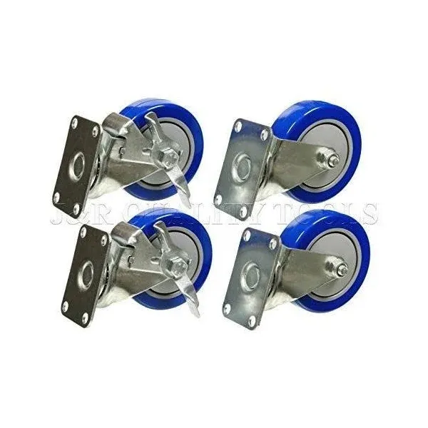 Set Of Four 4&#034; Heavy Duty PU Swivel Casters, Blue Wheel, 2 With Brake, 2 Without