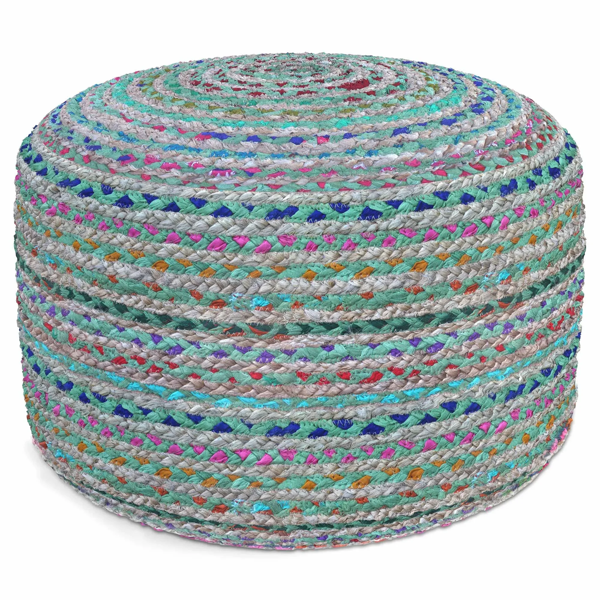 Simpli Home Margo Boho Round Pouf in Green Braided Jute