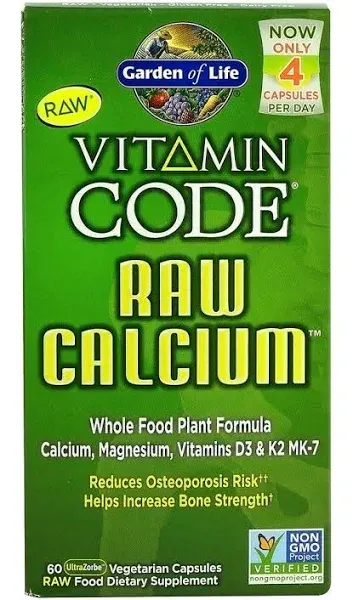 Garden of Life Raw Calcium Supplement for Women and Men - Vitamin Code Made from Whole Foods with Magnesium, K2, Vitamin D3 and Vitamin C Plus Probiotics for Digestion, 60 Capsules