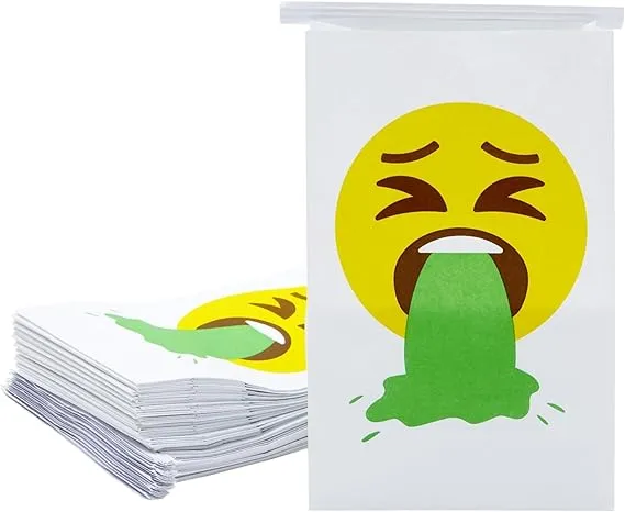 Juvale 50-Pack Emoji Print Barf Bags, Disposable Vomit Bags for Motion Sickness, Pregnancy, Illness for Children and Adults to Hold Vomit, Puke, and Throw Up (White, 10x6x2.7 in)