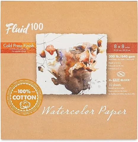 Fluid 100 Watercolor Paper Block - 8" x 8", Pkg of 10 Sheets, 300 lb, Cold Press