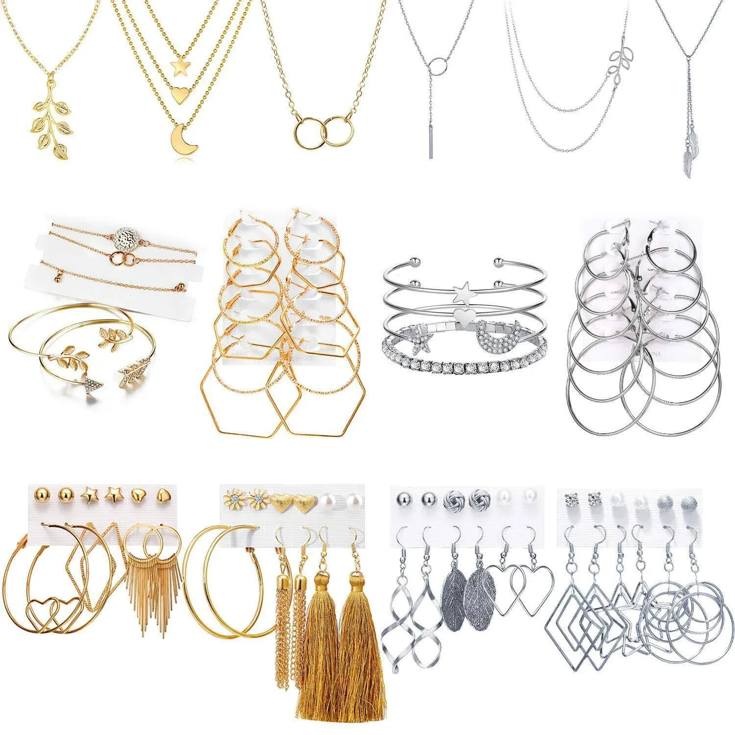 NEW 51 PCS Gold Silver Jewelry Set with 6 PCS Necklace,9 PCS Bracelet,36 PCS Lay