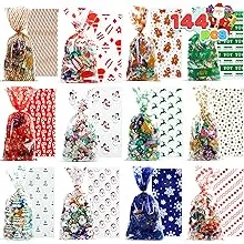 JOYIN 144 PCS Christmas Cellophane Bags with Ribbon Candy Cookie Bags for Holiday Treats, Christmas Party Favors Supplies, Christmas Clear Cello Gift Bags, Xmas Goodie Bags