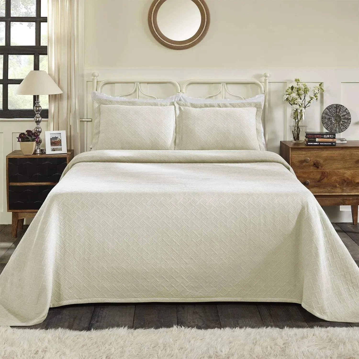 Superior Cotton Basket Bedspread 3 Piece Set, King, Ivory