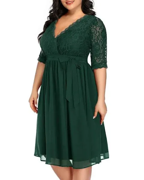 Pinup Fashion Plus Sizeaemerald Green Dresses Women Cocktail Lace Chiffon Party Wedding Guest Semi-Formal Bridesmaid Wrap V Neck Dress