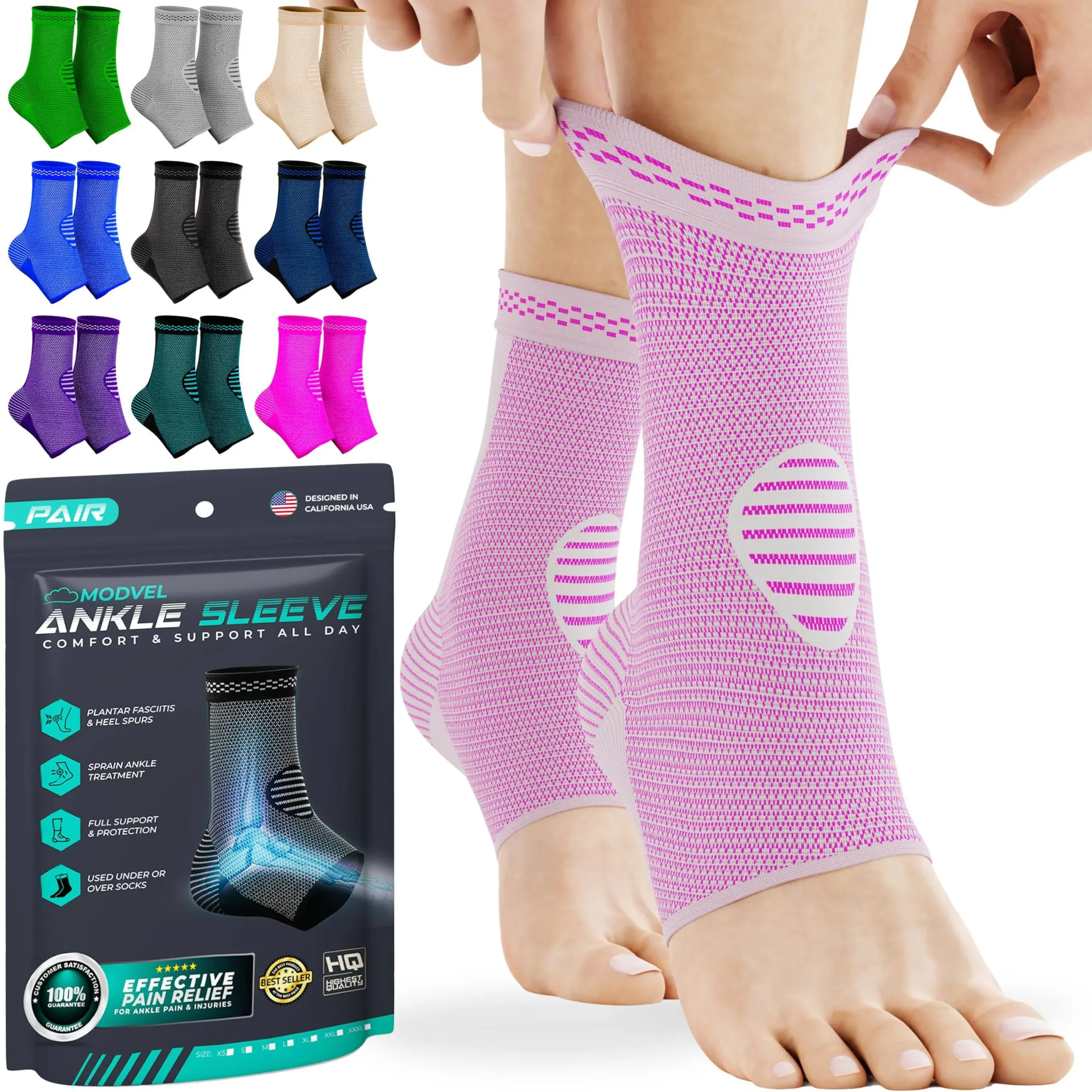 Modvel 2 Pack Ankle Brace Compression Sleeve | Injury Recovery, Joint Pain and More | Achilles Tendon Support, Plantar Fasciitis Foot Socks with Arch