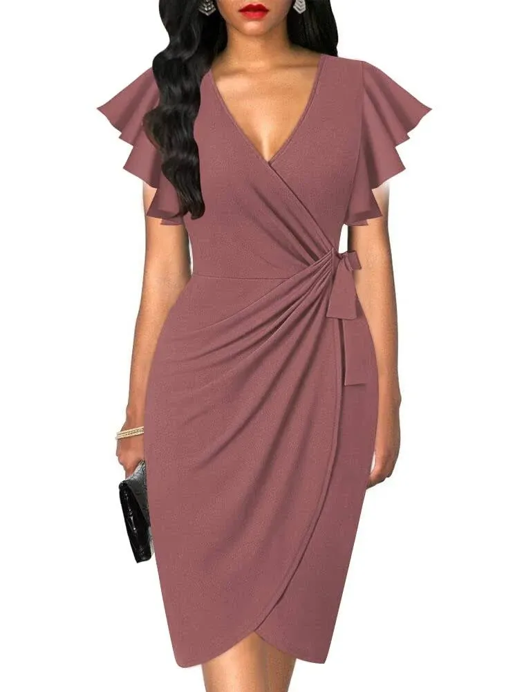 Oten Womens Deep V Neck Ruffle Sleeve Sheath Casual Cocktail Party Work Faux Wrap Dress