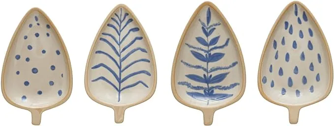 Storied Home Blue and Ivory Stoneware Leaf Shaped Dishes with Painted Design (Set ...