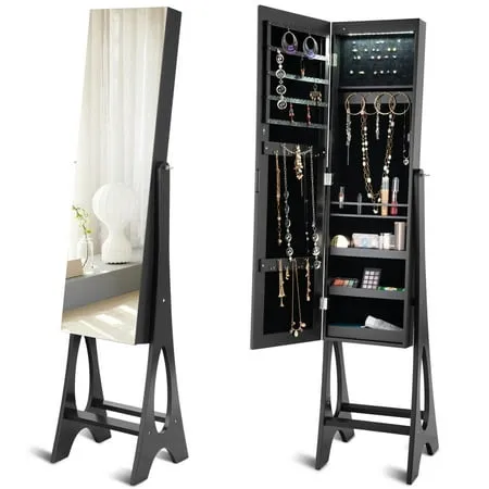 Giantex 12 LED Jewelry Armoire Cabinet with Frameless Full-length Mirror, Standing Jewelry Cabinet with 16 Lipstick Holders, Large Storage Capacity, 3 Angles Adjustable (Black)