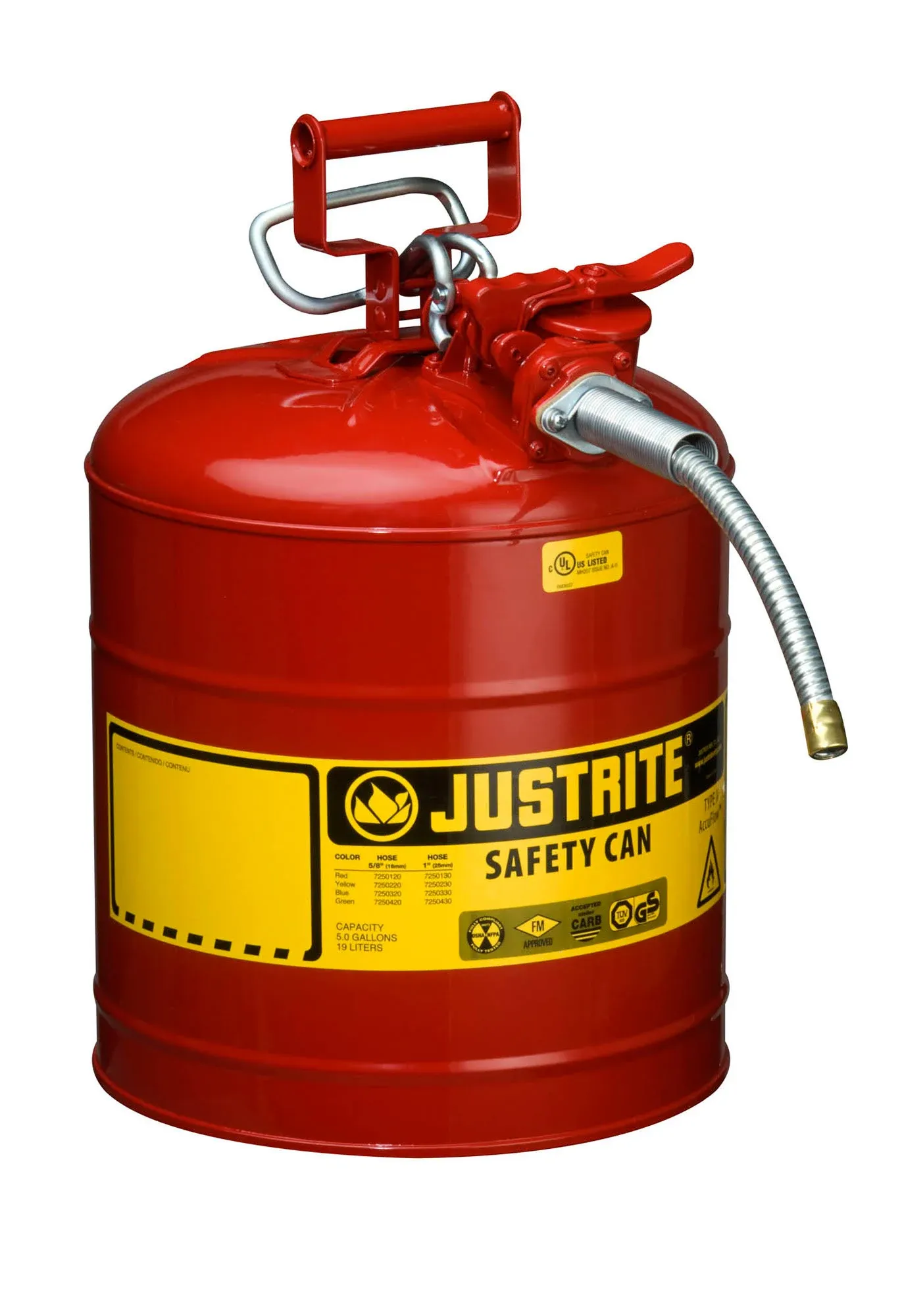 Justrite 5 Gallon Red Safety Can Type II AccuFlow 5/8" Hose 7250120