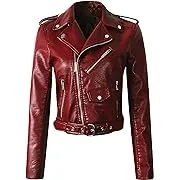 Jhichic Women&#039;s Faux Leather Textured Short Moto Jacket Zip-up Slim PU Biker Coa