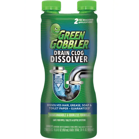 Green Gobbler Liquid Hair Drain Clog Remover & Cleaner, For Toilets, Sinks, Tubs - Septic Safe, 2 Pack