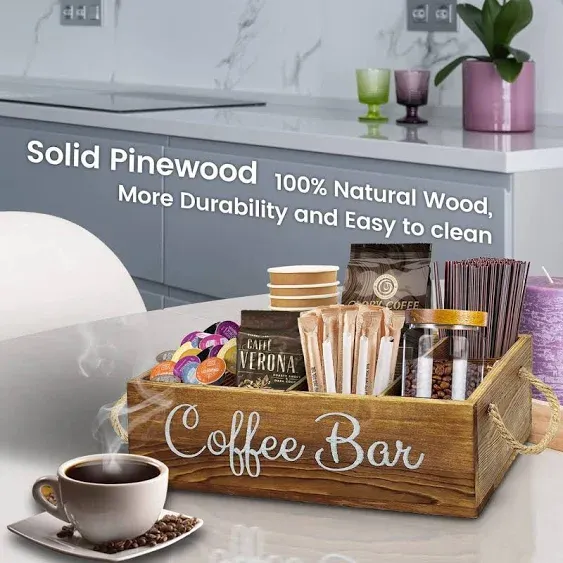 Coffee Bar Accessories with Small Removable Dividers,Coffee Pod Storage Basket with Handle,Farmhouse Kcup Coffee Station Organizer for Countertop,for Coffee Lover and Coffee Bar Decor Kitchen Counter