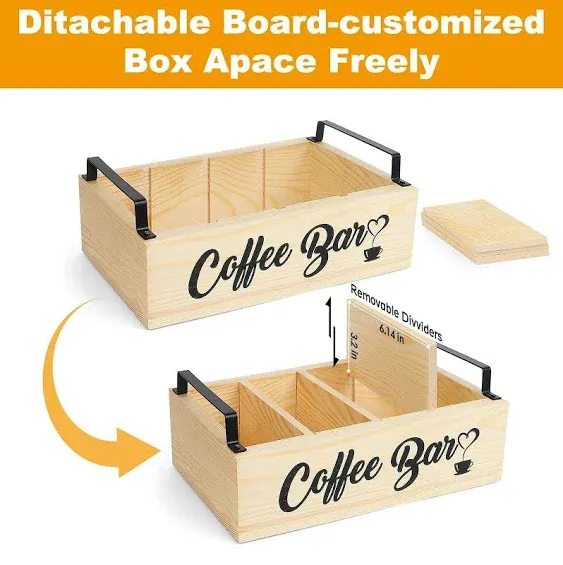 Coffee Bar Accessories with Small Removable Dividers,Coffee Pod Storage Basket with Handle,Farmhouse Kcup Coffee Station Organizer for Countertop