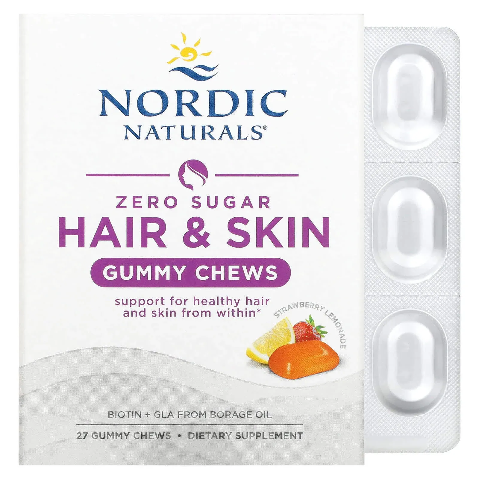 Nordic Naturals, Zero Sugar Hair & Skin Gummy Chews, Kau-Snack für Haare und Haut, Erdbeerlimonade, 27 Kau-Snacks