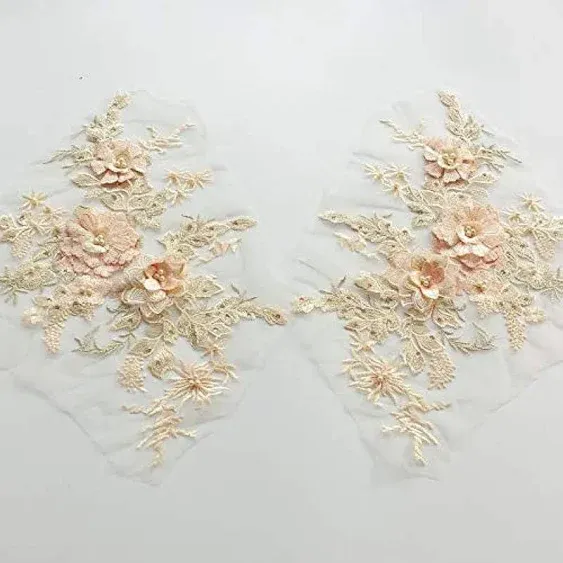 Embroidered Pearl Hot-Drilled Three-Dimensional Flower Lace Applique 3D Series Wedding Dress/Dress/Performance Stage Dress/Costume Accessories (White / Pink Gold)