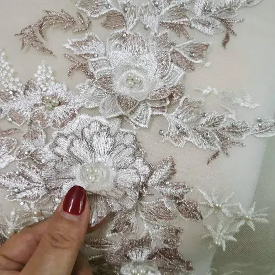 Embroidered Pearl Hot-Drilled Three-Dimensional Flower Lace Applique 3D Series Wedding Dress/Dress/Performance Stage Dress/Costume Accessories (White / Pink Gold)