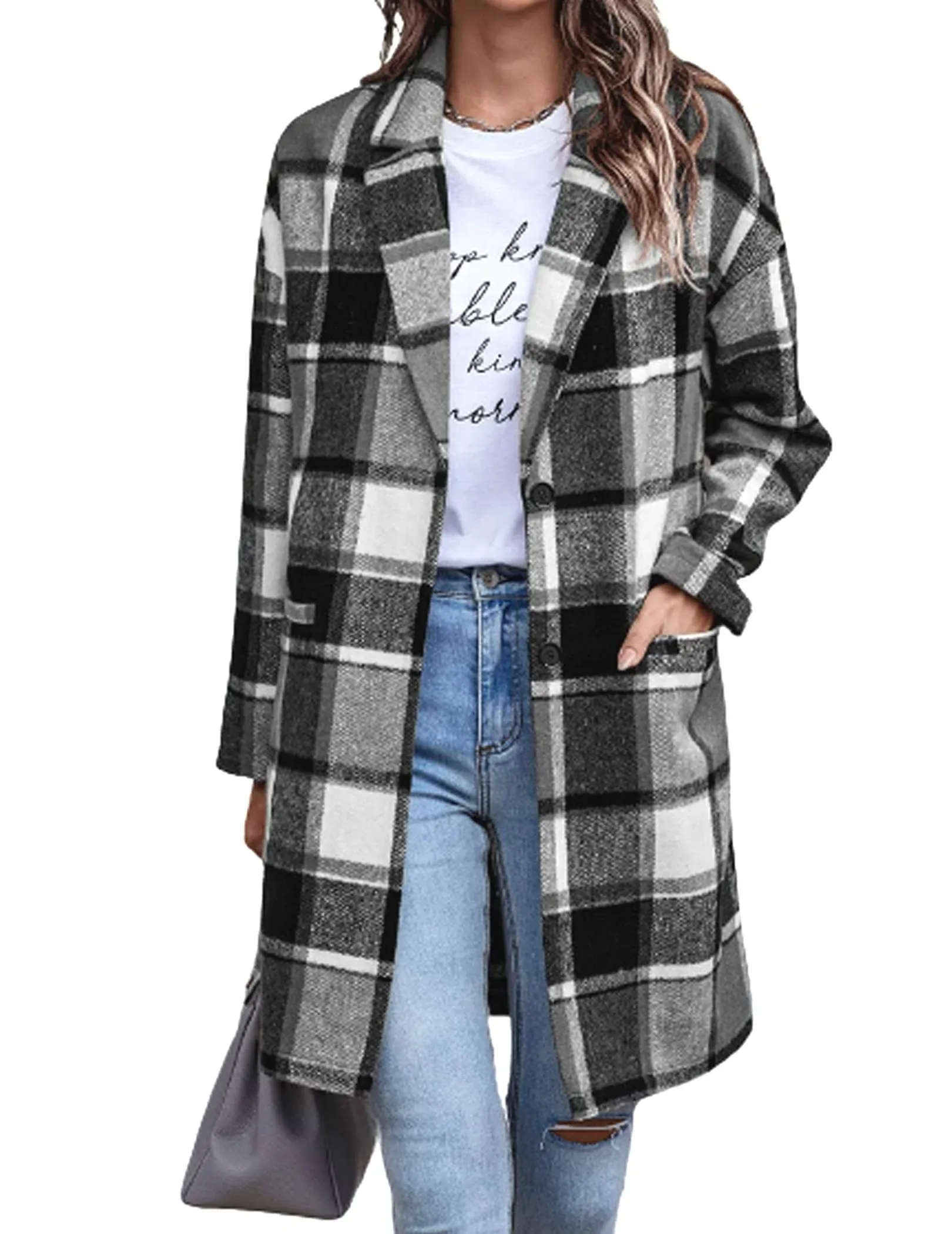 Zeagoo Women 2023 Plaid Jacket Mid Length Trench Coat Fall Wool Pea Coat with Po