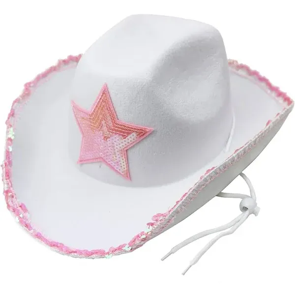 Giftexpress White Felt Cowgirl Hat with Pink Sequin Star, Country Themed Party ...