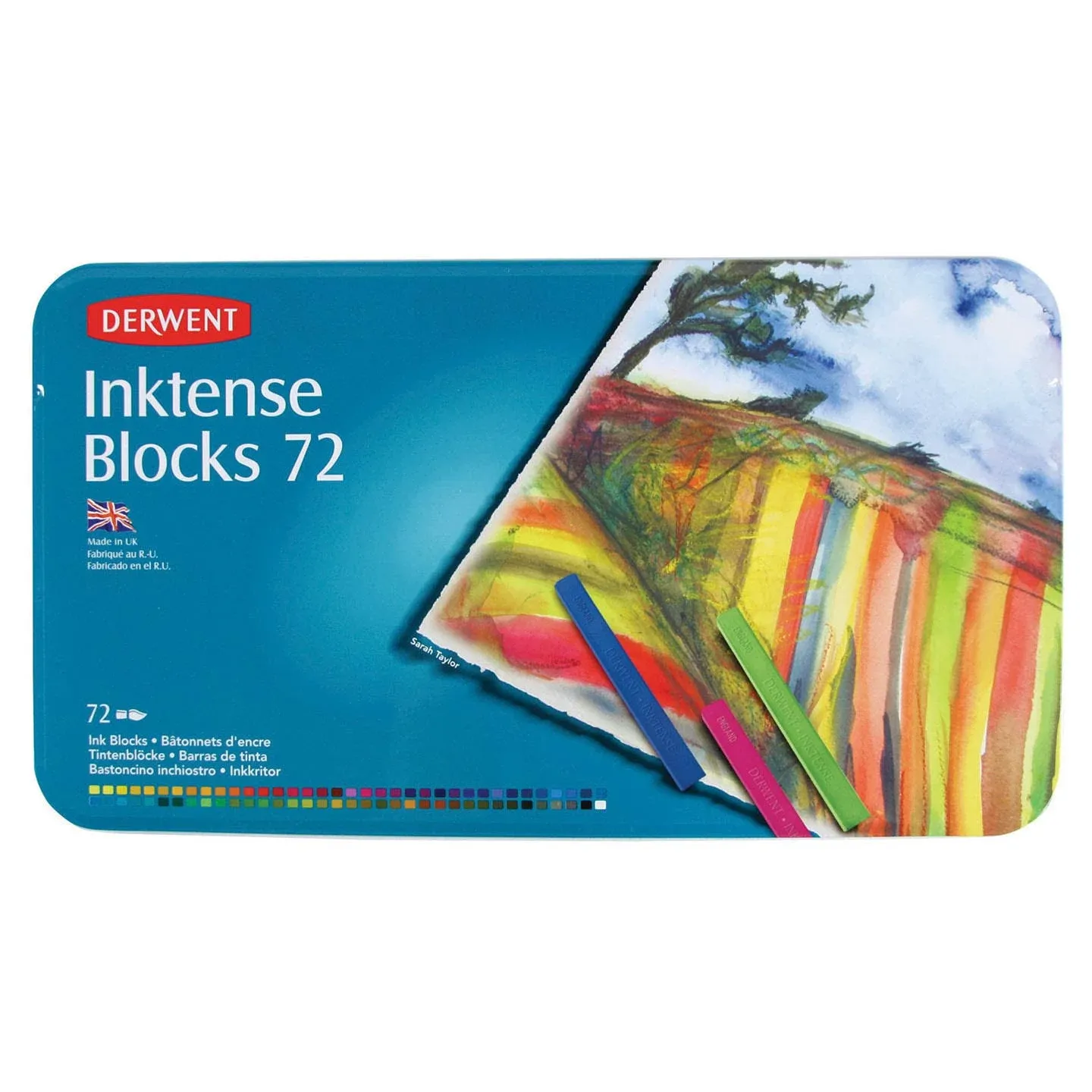 Derwent Inktense Blocks 72 Tin, Set of 72, 8mm Block, Soft Texture, Watersoluble, Ideal for Watercolor, Drawing, Coloring, Crafts and Painting on Paper and Fabric, Professional Quality (2301980)